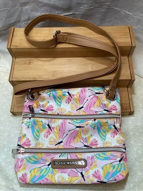 Lily Bloom Pink Floral & Butterfly Crossbody Tan Strap Adjustable Lightweight